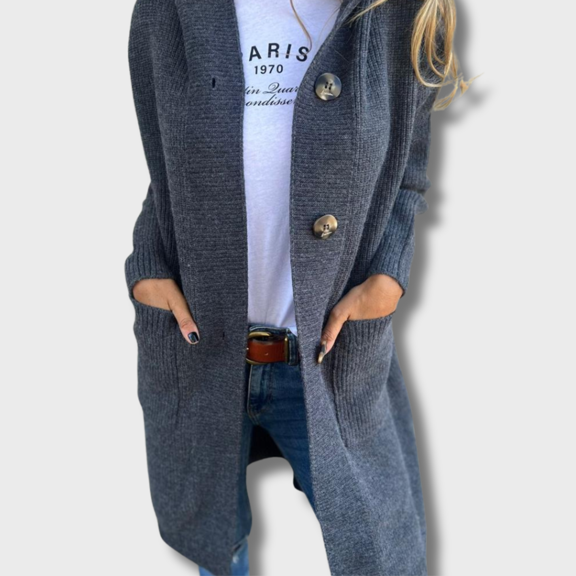 Pitkä neulottu kardigan, elegantti